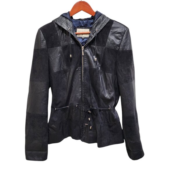 Bugatti Women's Black Patchwork Leather Jacket Hooded Size L 100% Leather - Picture 1 of 16